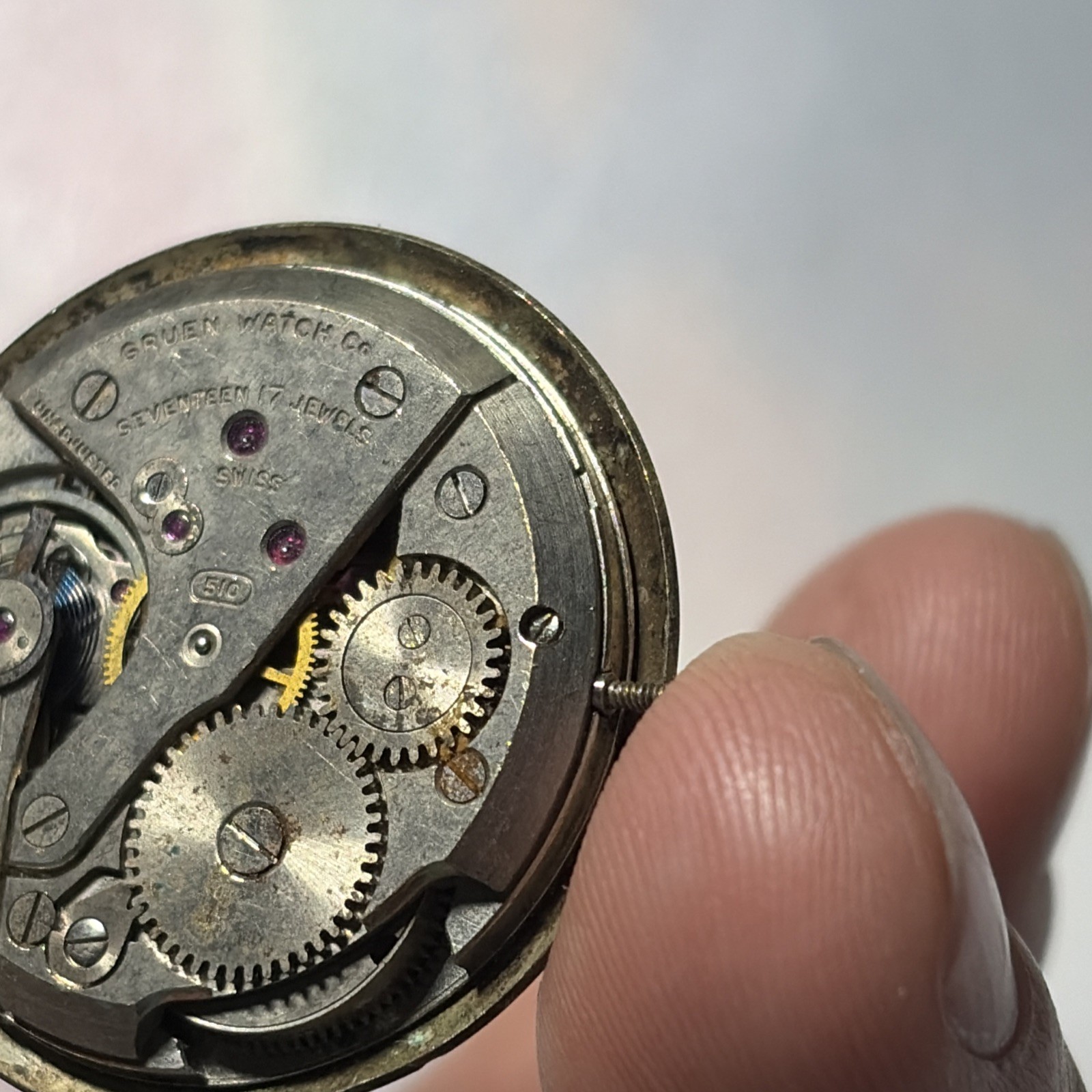 Vintage Gruen Precision 17J Swiss 510 Wrist Watch Movement Parts/Repair AS IS