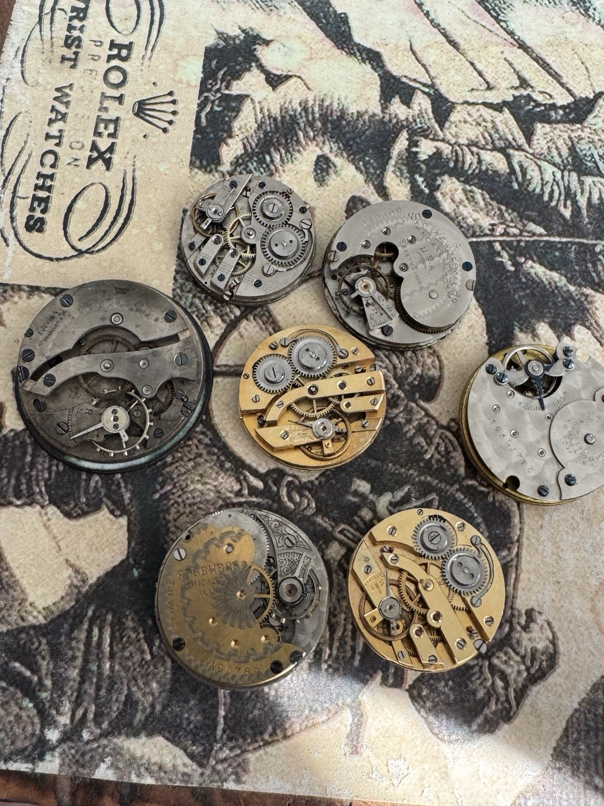 Lot Of 7 Antique Pocket Watch Movements With Porcelain Dials