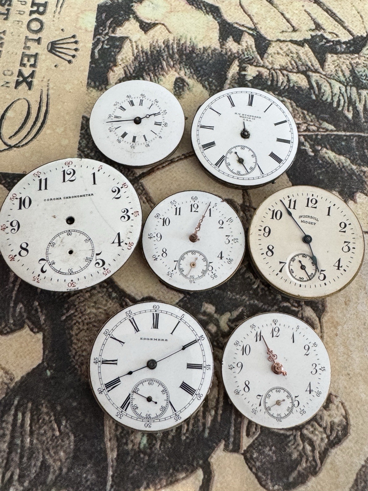 Lot Of 7 Antique Pocket Watch Movements With Porcelain Dials