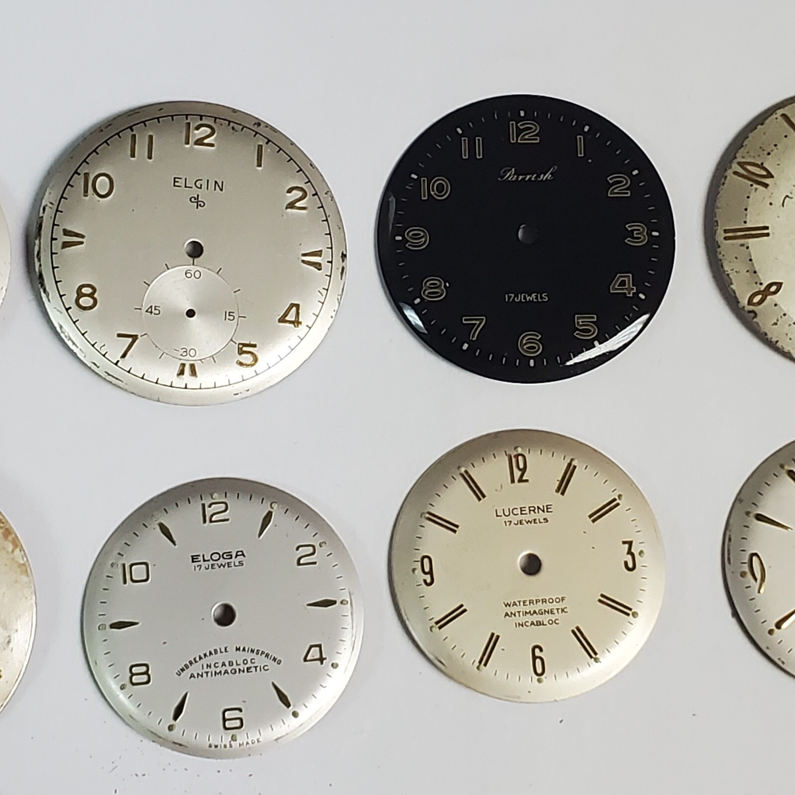 LOT OF 10+ USED/NEW WRIST WATCH DIALS LUCERNE,ELOGA,HILTON,ELGIN,PARIS