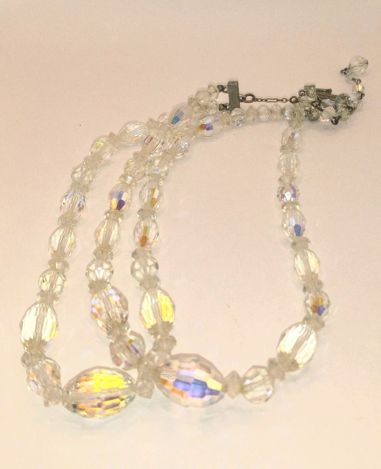 Vtg AB Crystal Specialty Cut Necklace 12″ + 5″ Extension. Silver tone