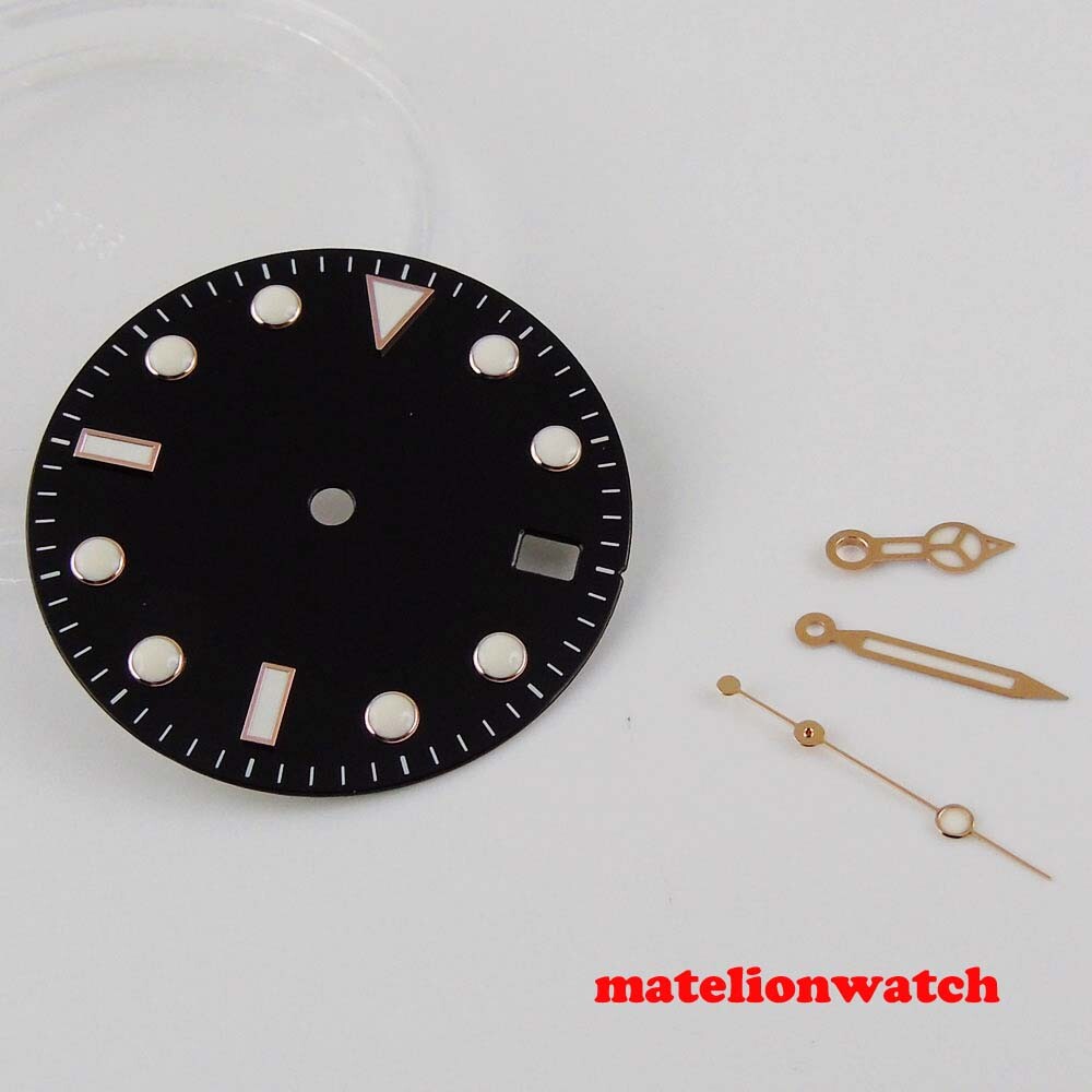 28.5mm black sterile watch dial with luminous hands Fit NH35 NH35A movement