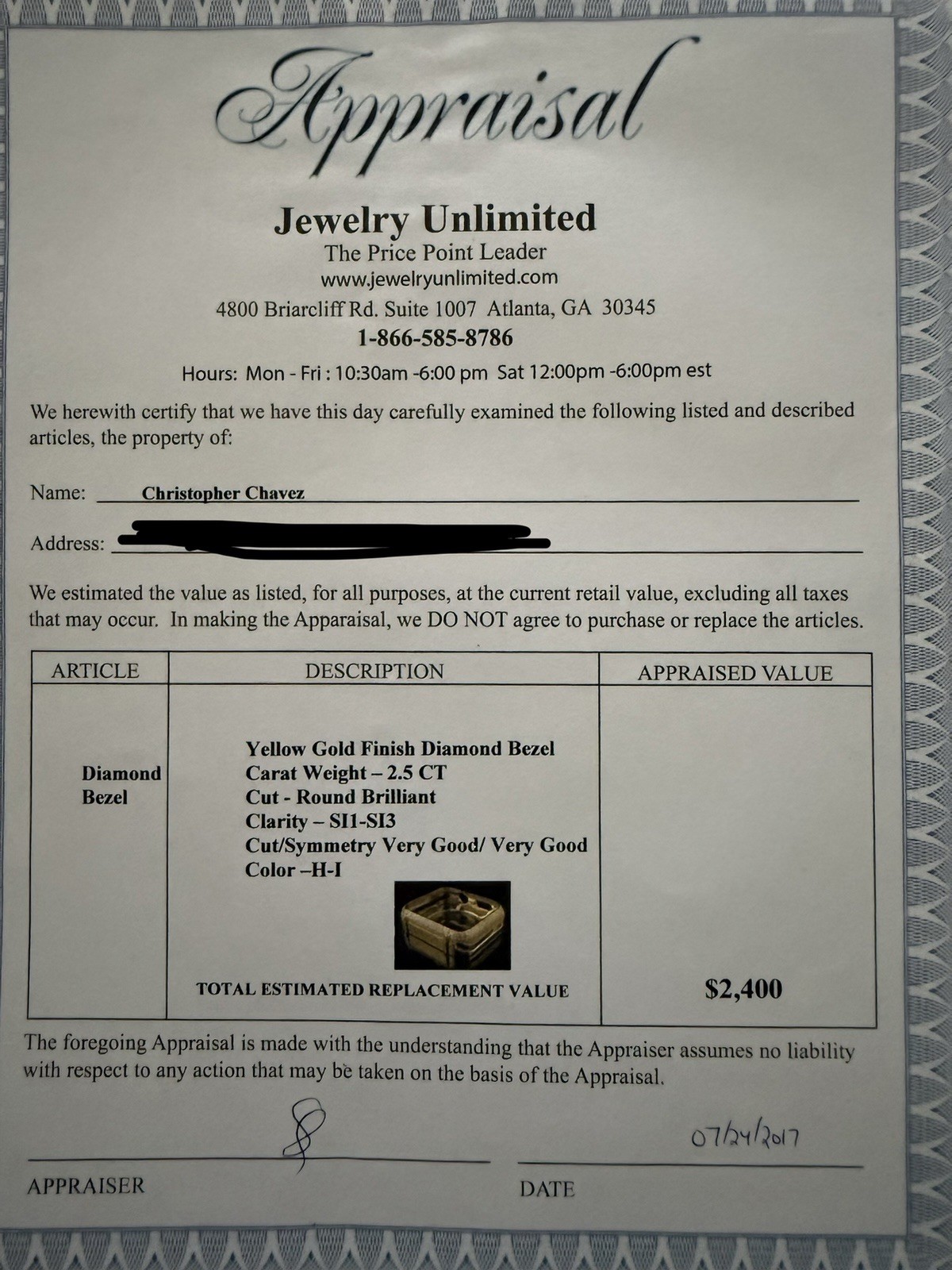 Yellow Gold Finish Genuine Diamond Bezel 2.5 Carat SI-1 Preowned Fits Series 1-3