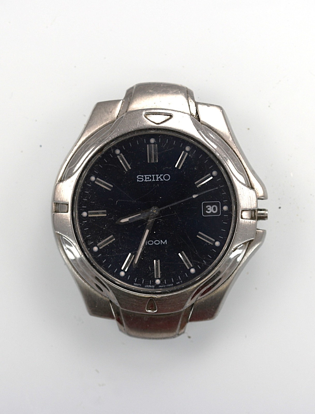 Seiko Watch Men 100m Battery Stainless St Silver 7N42-7000 Blue Date NON-WORKING