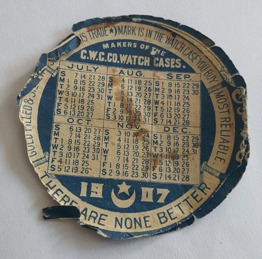 1907 Crescent Watch Case Co Paper Calendar Repair Insert Newark N.J.