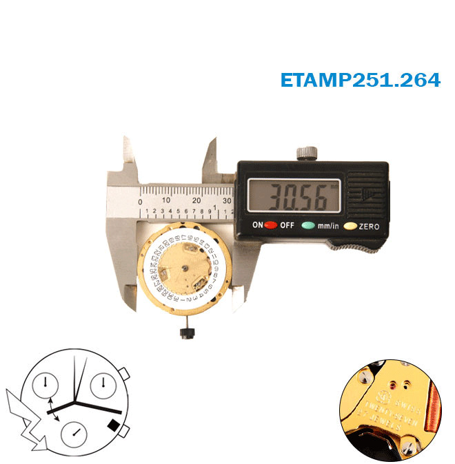 ETA 251.264 Swiss Movement- 3 Hands White Date Disk At 4-Chronograph-H:7.38mm.