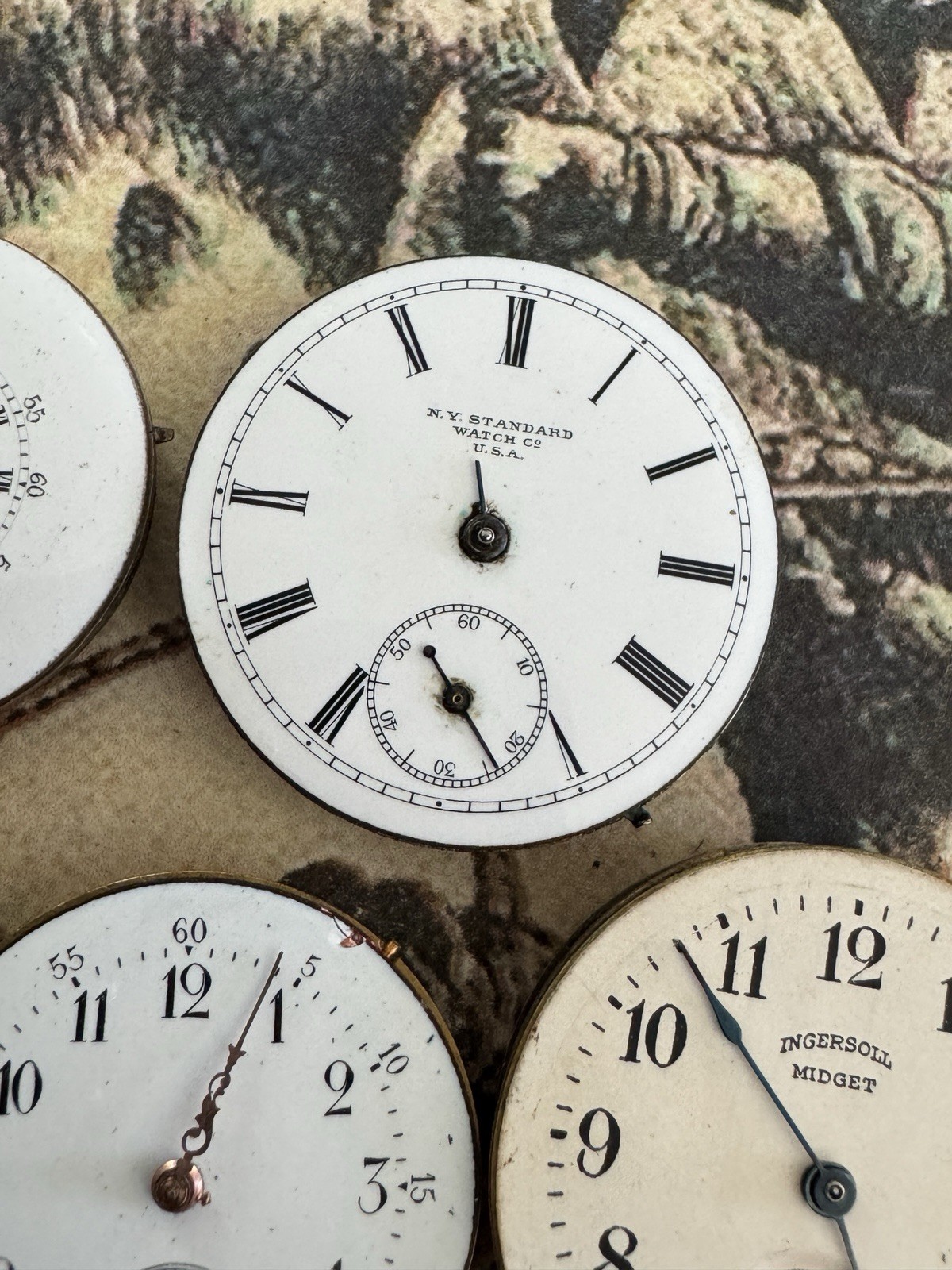 Lot Of 7 Antique Pocket Watch Movements With Porcelain Dials
