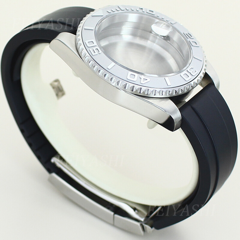 silvery 40mm Yacht Watch Case Rubber Strap With Stainless Steel Sliding Buckle