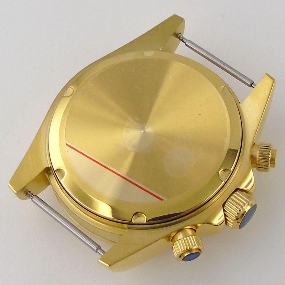 39mm Yellow Gold Watch Part Case Sapphire Glass Fit VK63 VK64 Quartz Solid Back