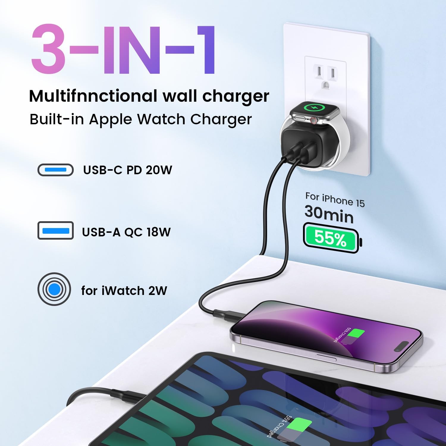 TOPADRE PD 20W USB C Charger Block for Apple Watch,3-in-1 Charging Station wi…