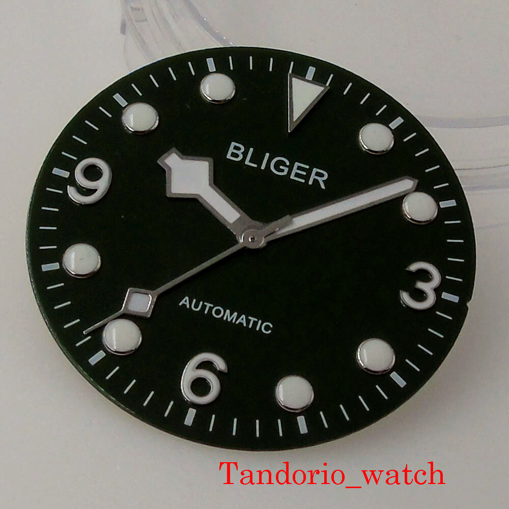 Bliger 29.2mm Black Watch Dial Snowflake Hand Fit NH35 NH36 Date Luminous Index