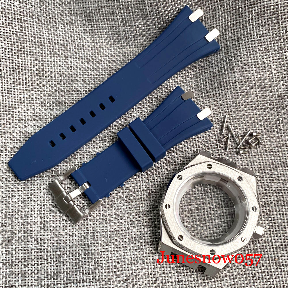 42MM Brushed Sliver Watch Case Rubber Strap Fit NH35 NH36 SKX SRP Sapphire Glass
