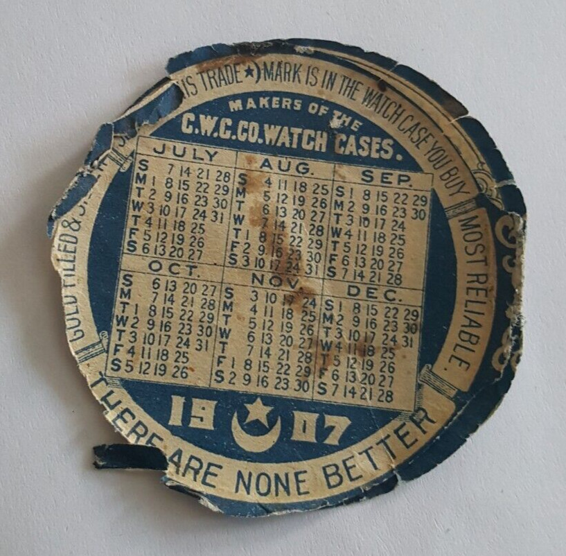 1907 Crescent Watch Case Co Paper Calendar Repair Insert Newark N.J.