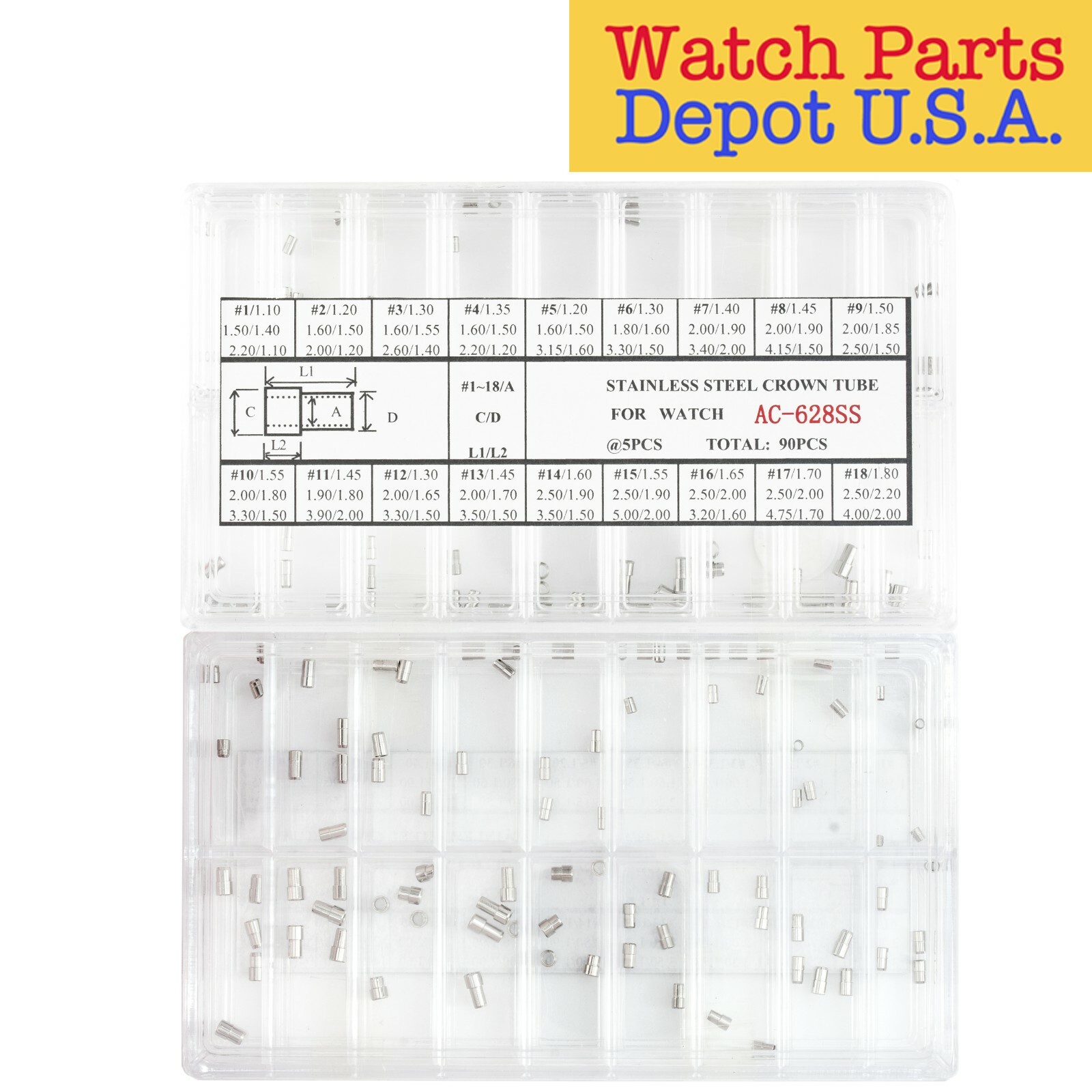 Stainless Steel Crown Case Tubes Assortment, 90 Pieces, Contains 5 Per 18 Sizes