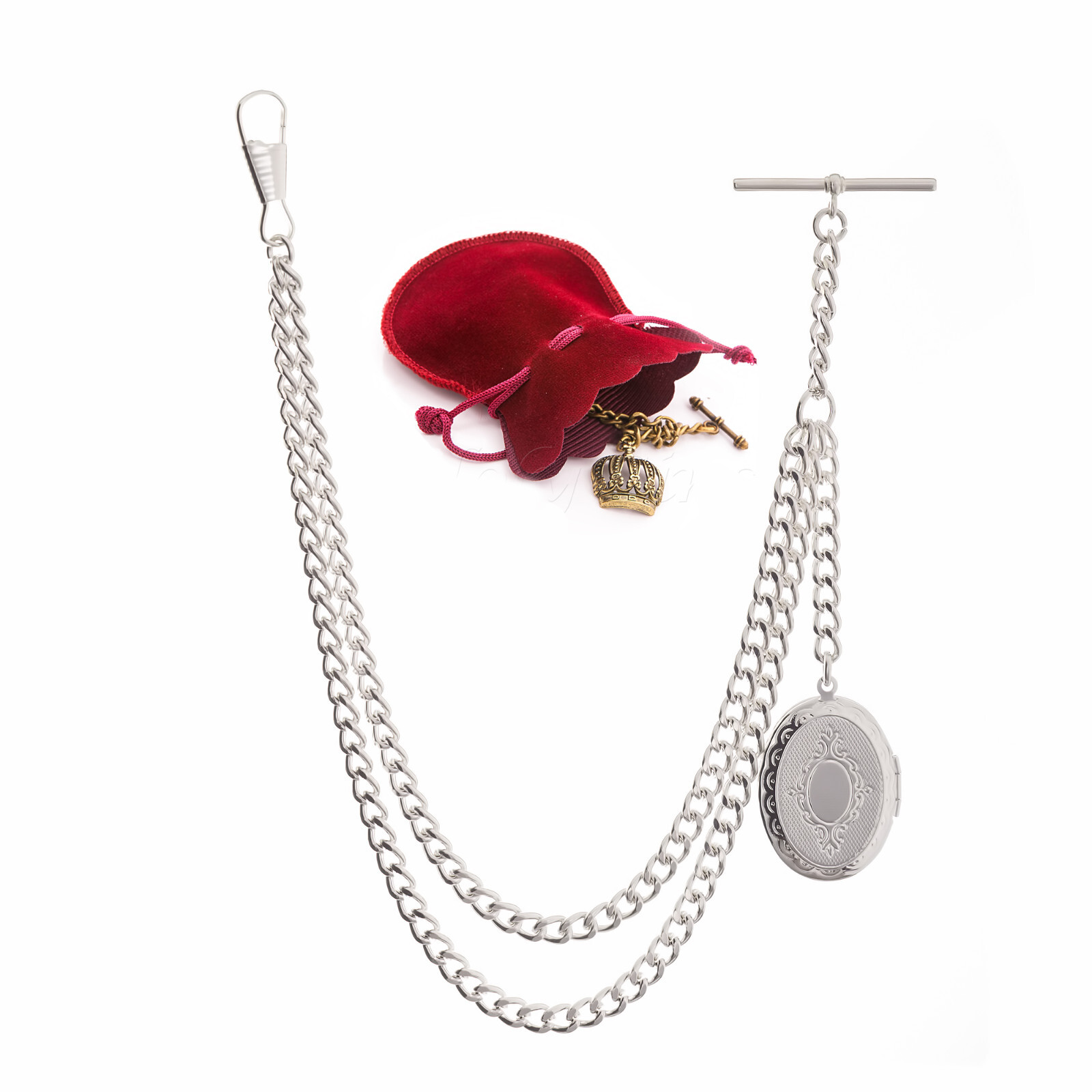 New Sterling Silver Color Single Albert Pocket Watch Chain with Locket Pendant