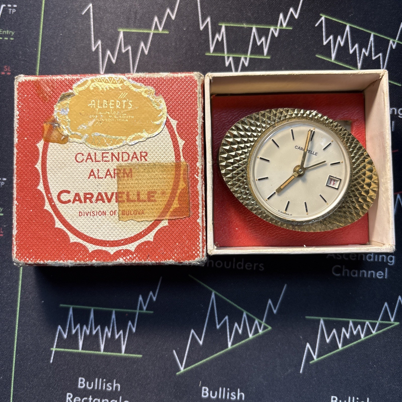 Calendar Alarm Caravelle by Bulova clock working T-Swiss movement Missing Base