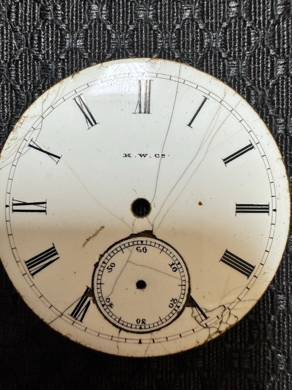 K.W.Co. 18s Roman Numeral Enamel Pocket Watch Dial Chips/Harlines