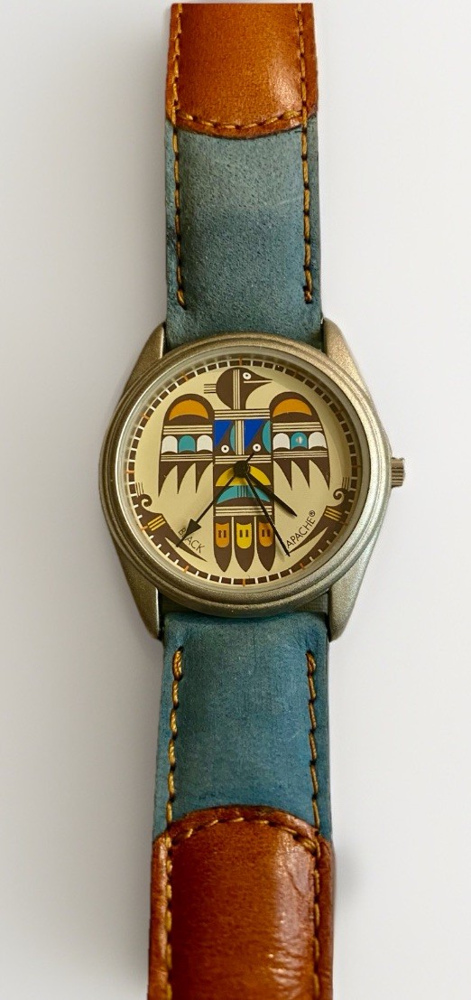 Vintage BLACK APACHE Watch Leather Band French Movement Native American Dial NOS