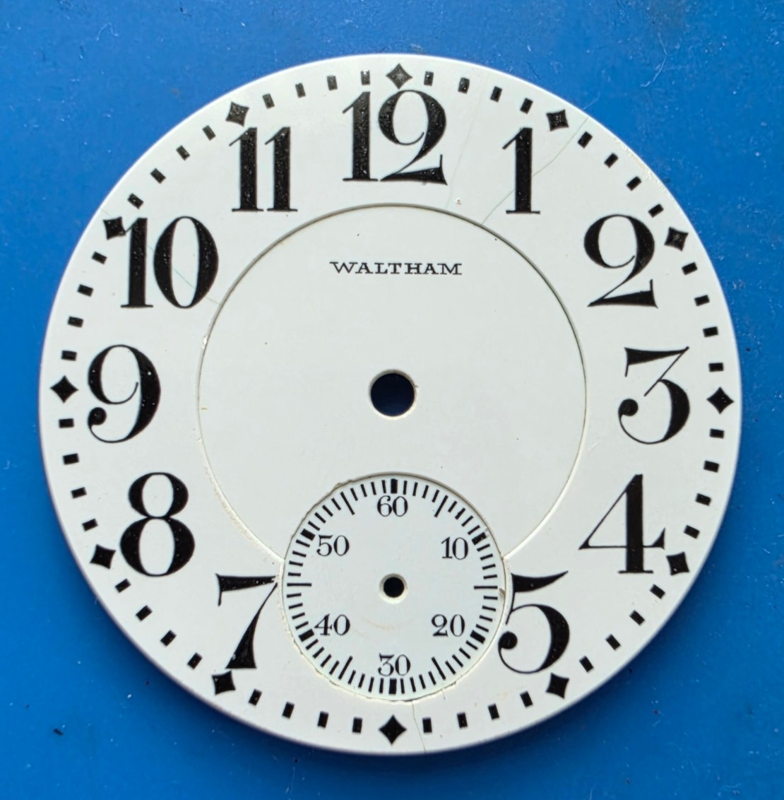 VINTAGE 16 SIZE WALTHAM CRESCENT ST. POCKET WATCH PORCELAIN DOUBLE SUNK DIAL