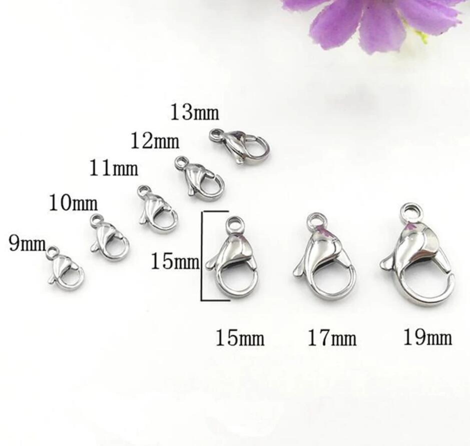 HOT Polished S.steel Lobster claw Clasps 9–19mm 100 Pcs wholesale