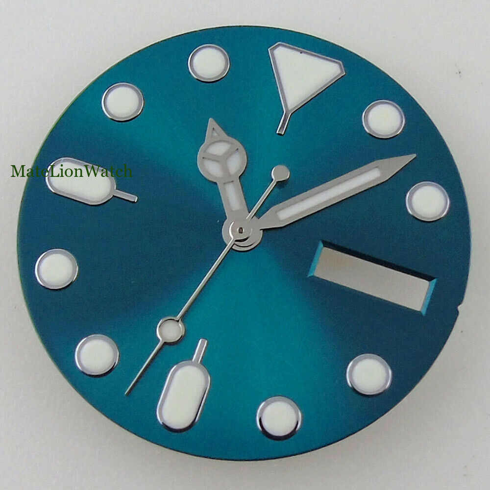 28.5mm Watch Dial+Hands Dual Calendar For NH36/NH36A Green Lume 3.8 &3 o’clock