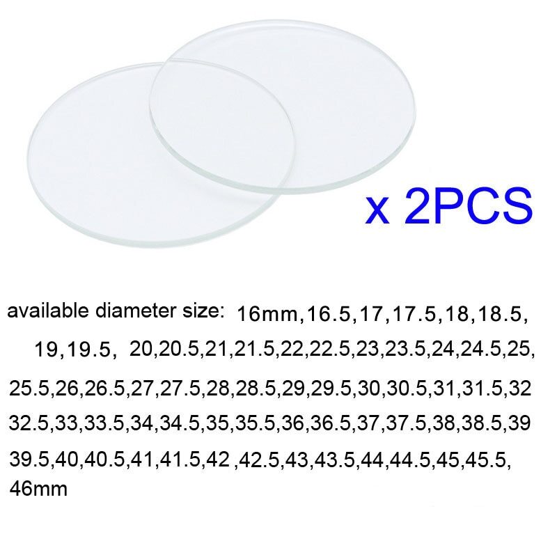 2x 1.2mm Flat Watch Crystal Repair Parts Tool Mirror Glass Round Lens 16mm-40mm