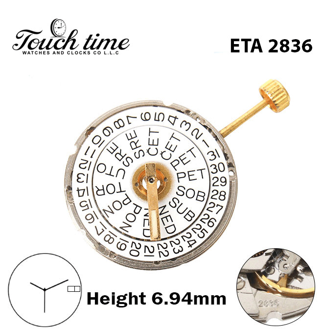 ETA 2836-Bucherer-Swiss Movement-White Date/Czech Day Disk At 3-H:6.94mm-3 Hands