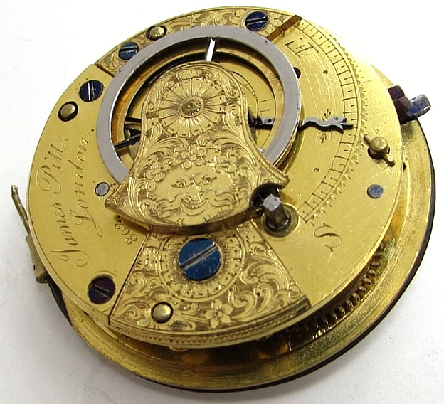 Antique James Pitt London Verge Fusee Pocket Watch Movement Mask Cock c1780-1820
