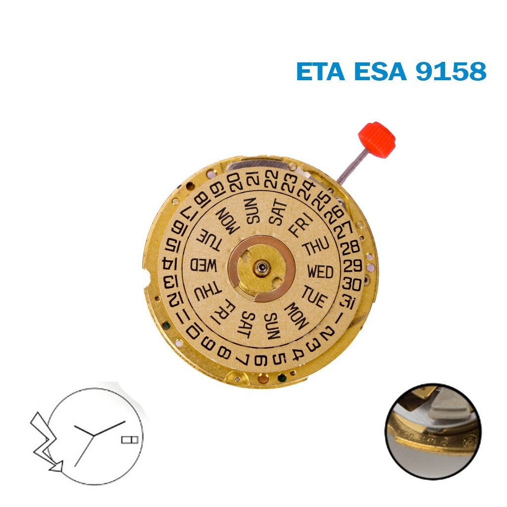 ETA/ESA 9158 Swiss Made Movement, Gold Day & Date Disks on 3.
