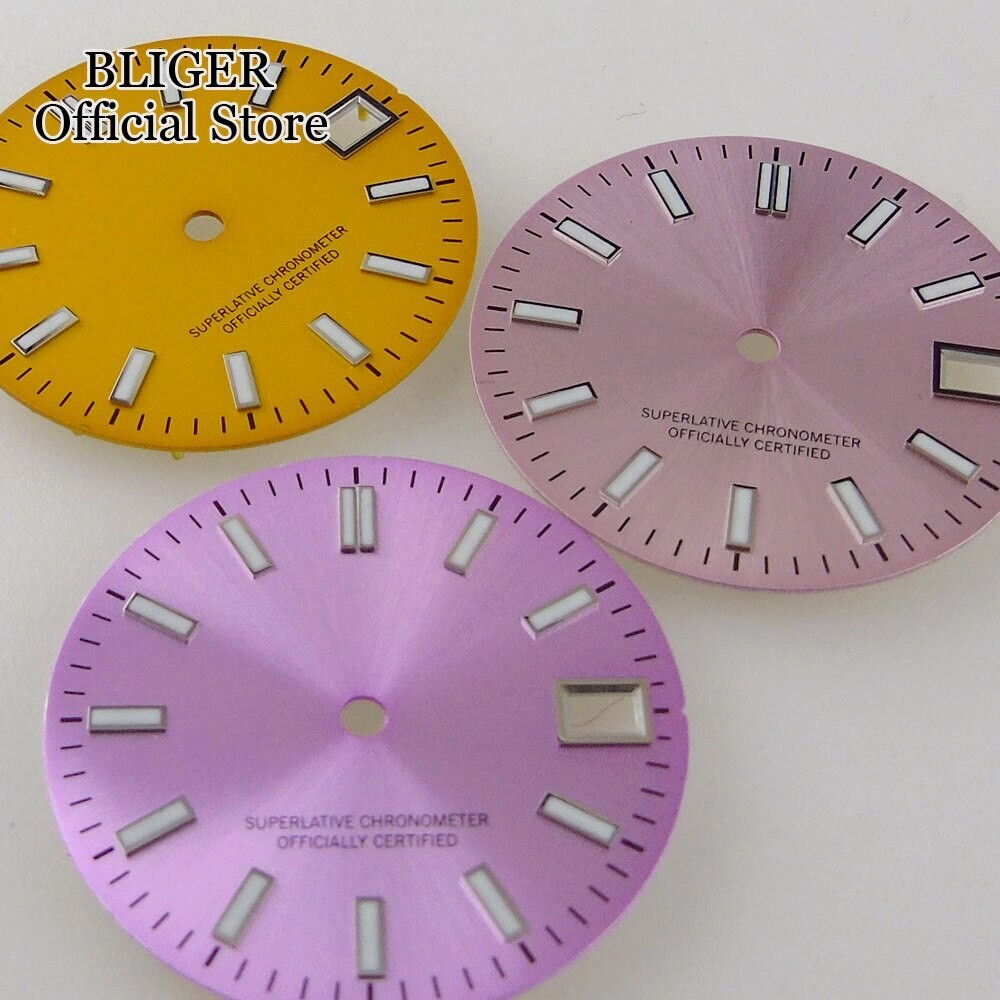 28.5mm Sunburst Pink Silver Watch Dial+Hands Green Lume Fit NH35A NH36A Movement