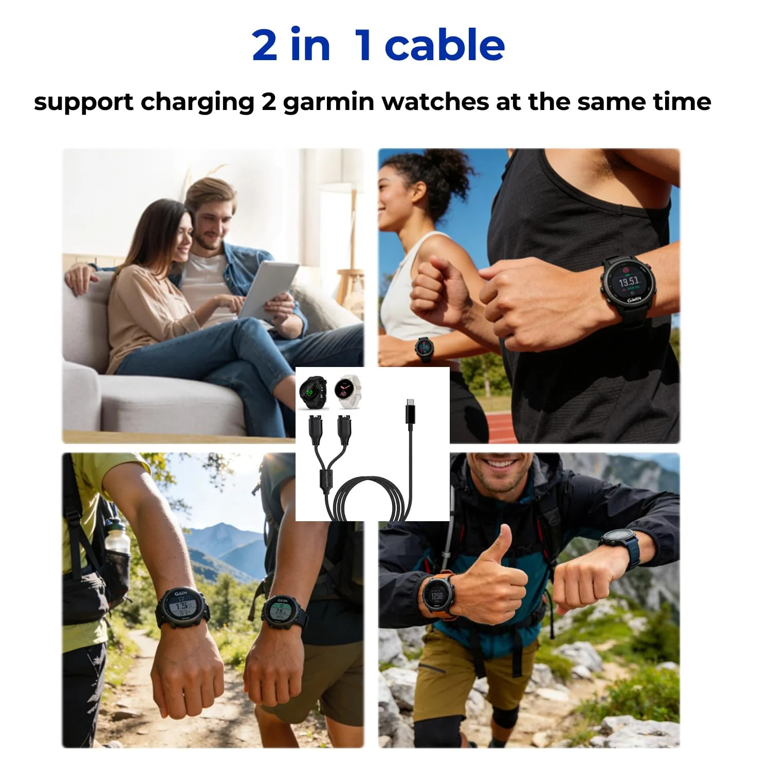 2 in1 Charger Cable for Garmin Watch USB C to Garmin Cable 3.93FT Dual Power Cor