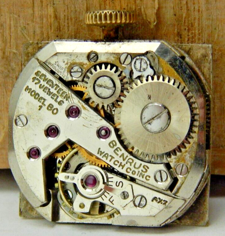 Vintage Benrus B01 17 jewel wrist watch movement with dial crown and case back