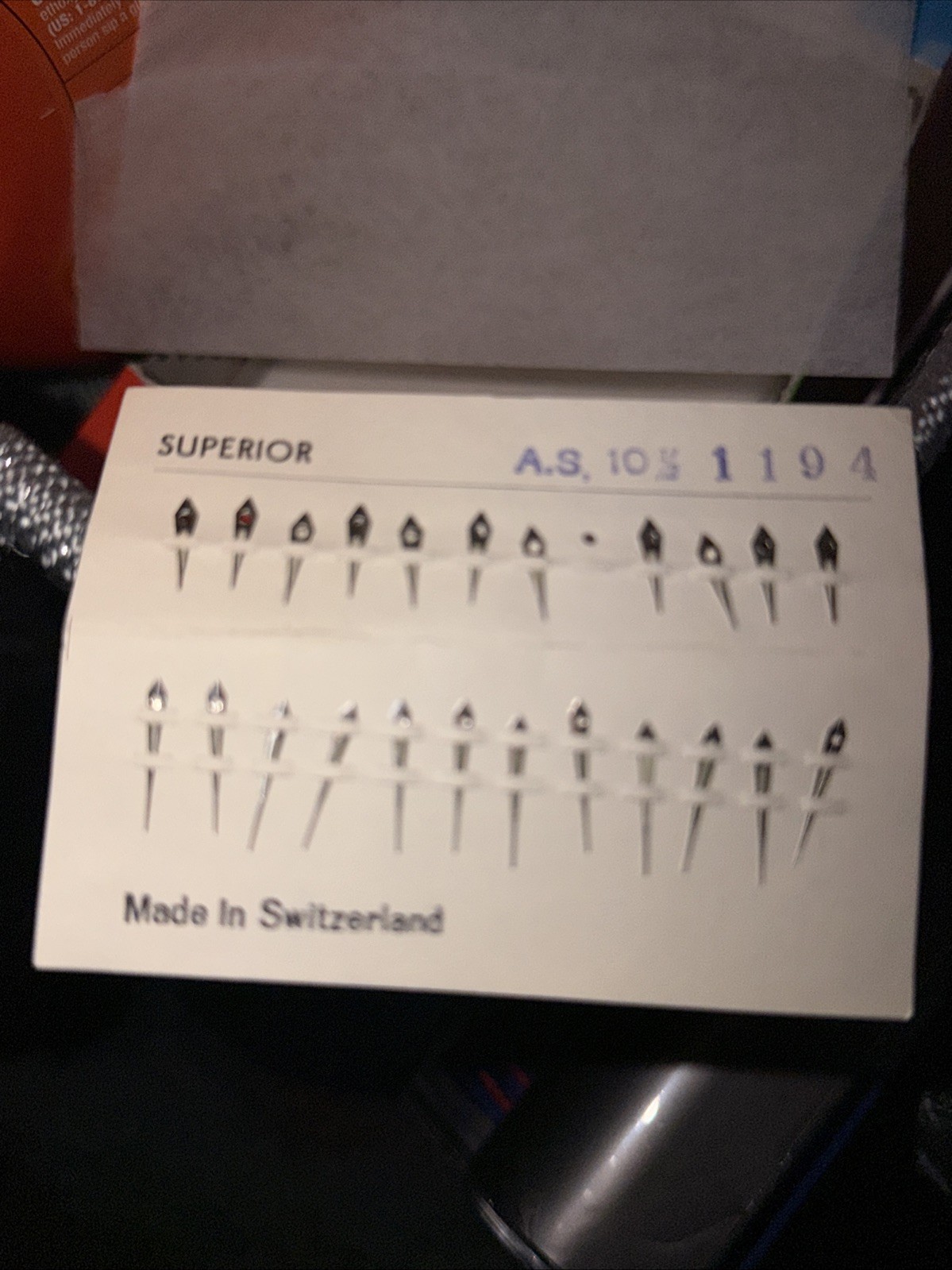 AS 1194 – NOS – Silver Tone Lume Watch Hands – 1 Card with 11 pairs + 1 Minute