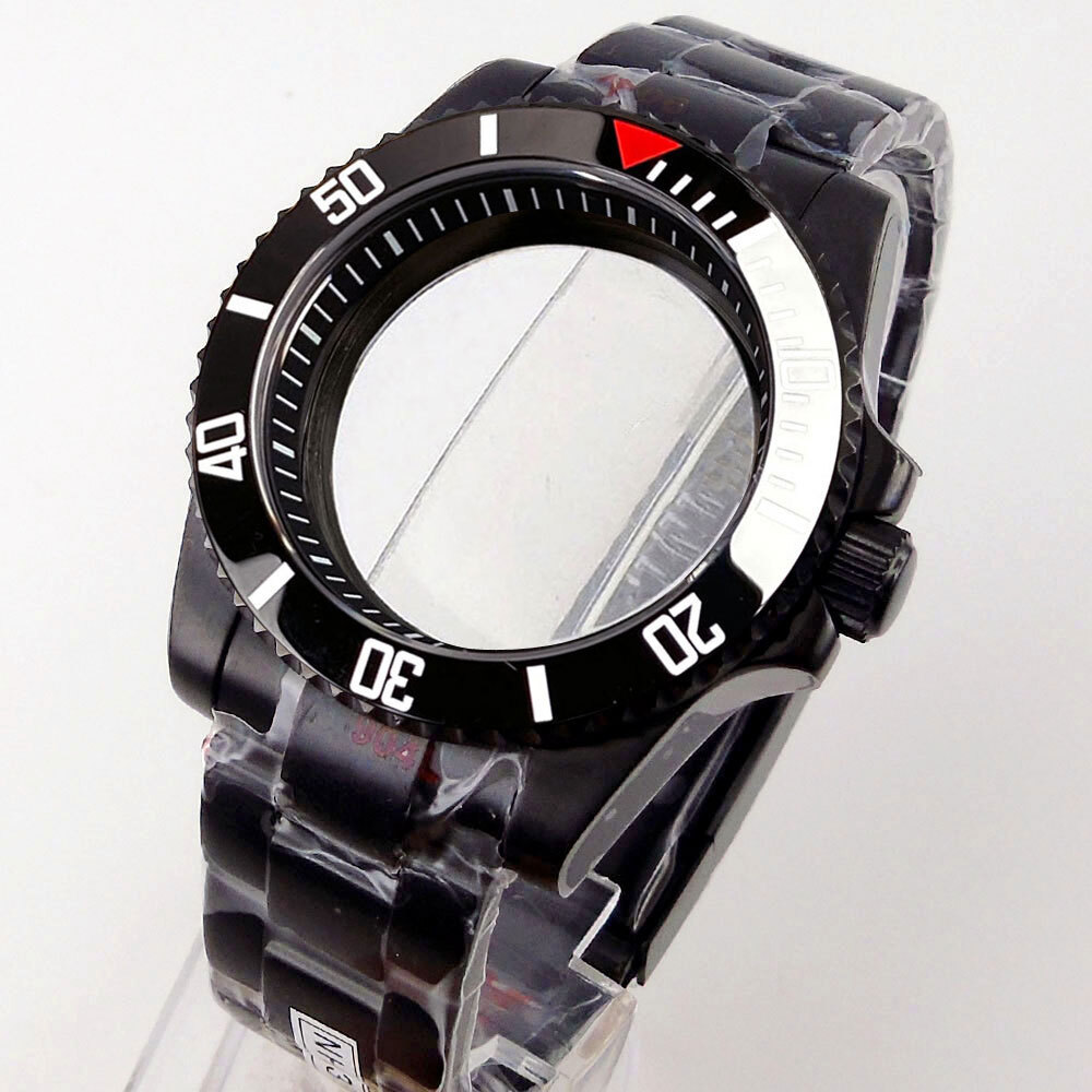 40mm Black PVD Sapphire Glass Watch Case Fit NH35A NH36A ETA2824 PT5000 Rubber