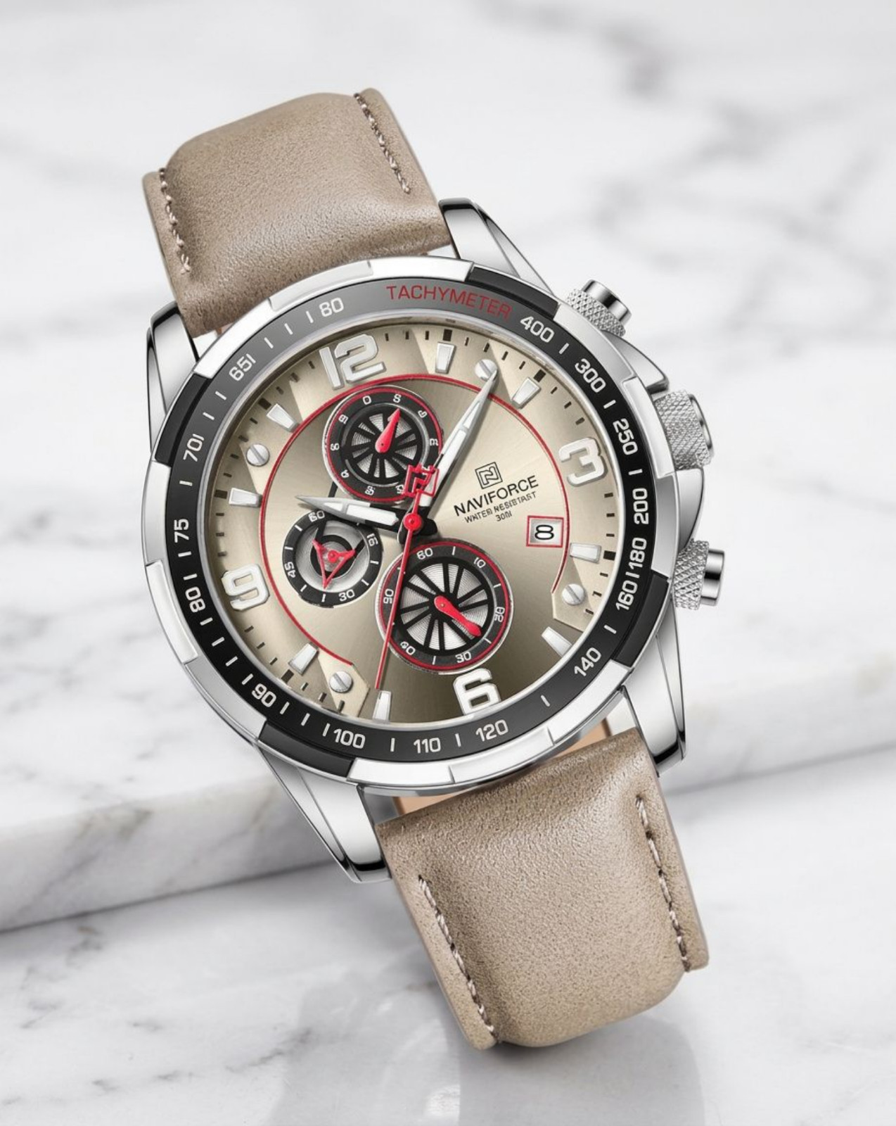 Men’s Sporty Watch Analog Quartz Chronograph Gold Dial Gray Leather Strap