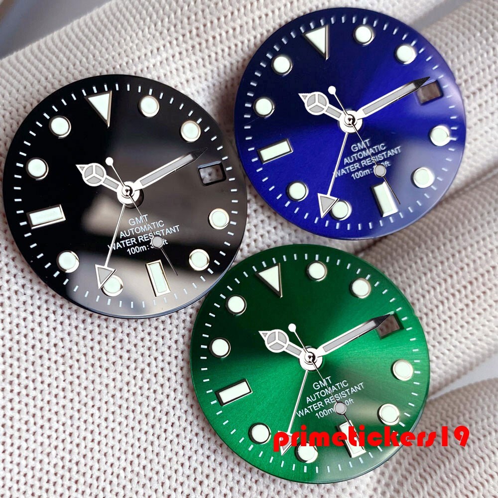29mm NH34 GMT Watch Dial Black/Blue/Green Sterile Face Hands Set Date Luminous