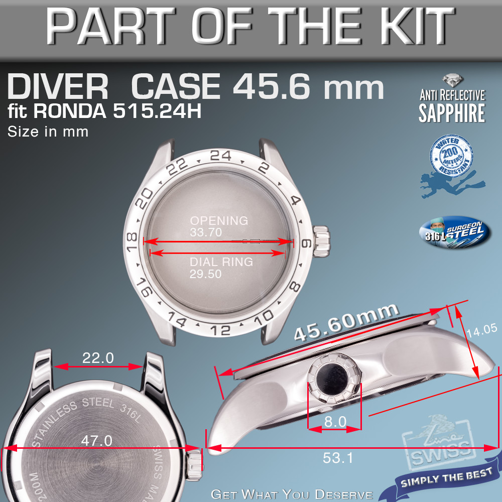 DO IT YOURSELF KIT DIVER GMT 200M CASE 45.6MM, DIAL, HANDS fit RONDA 515 QUARTZ