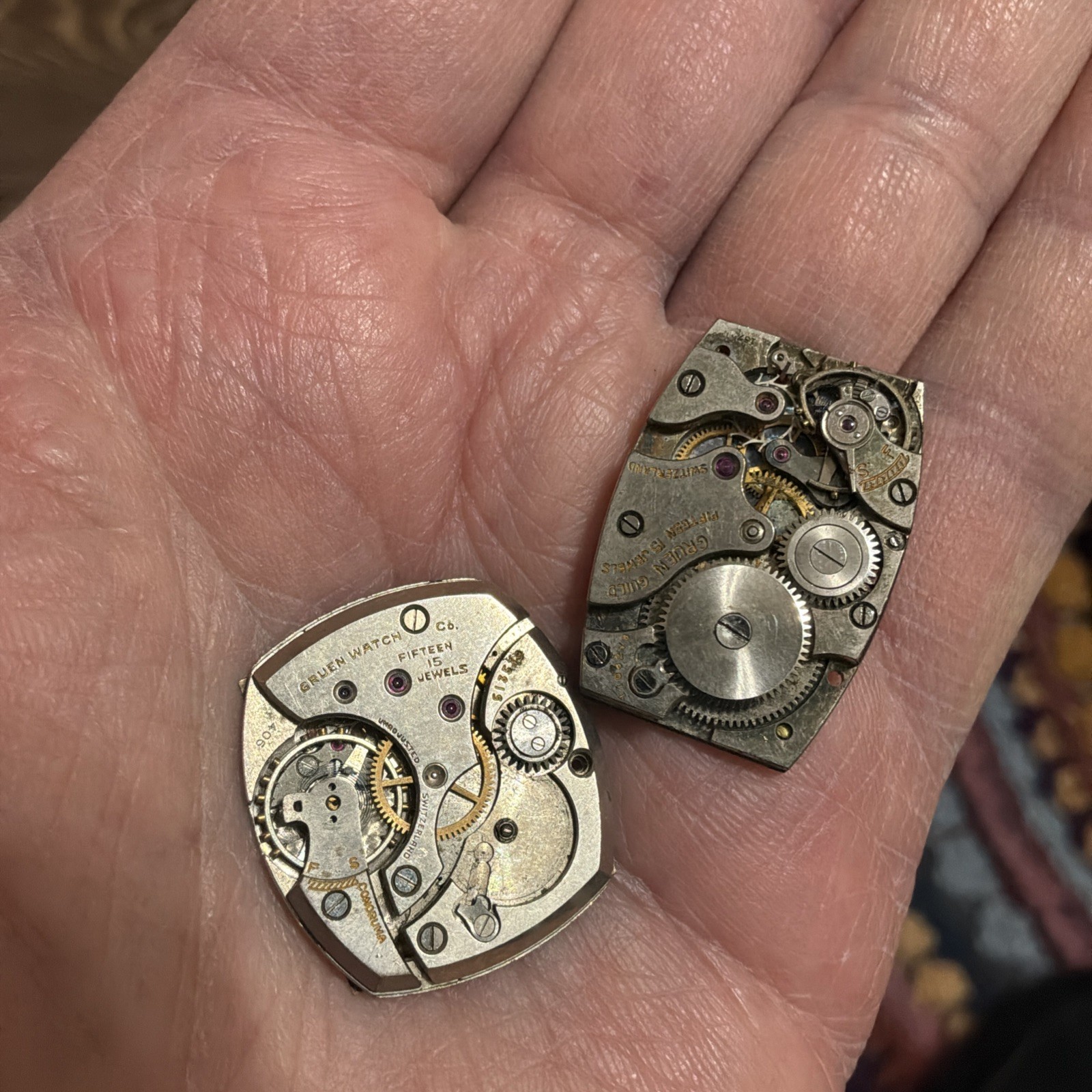 Two VTG GRUEN Mechanical Men’s Watch Movements 15J 406 & 157 For Parts