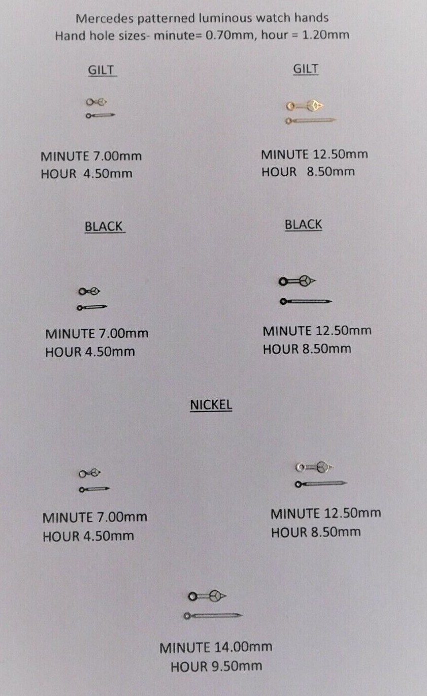Luminous watch hands mercedes pattern holes .70 x 1.20mm- 1 pair choose length