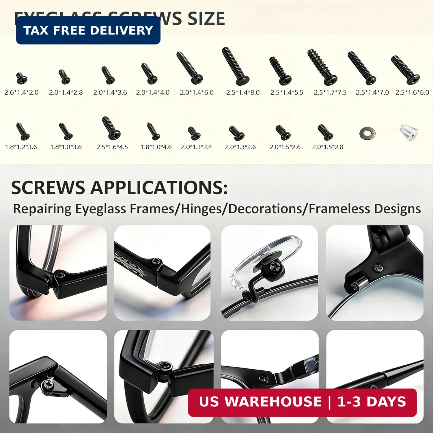 Black Eyeglass Repair Kit with 18 Sizes Black-Coated Screws, 1.4mm Precision Scr