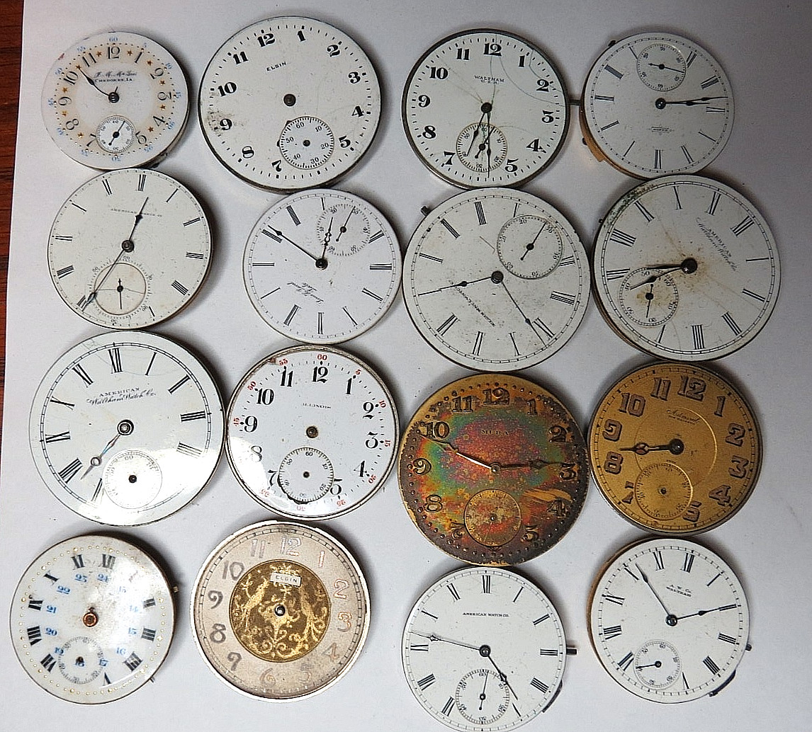 ANTIQUE LOT 16 DIFFERNT NAMES & SIZES POCKET WATCH MOVEMENT SELLING AS IS PARTS