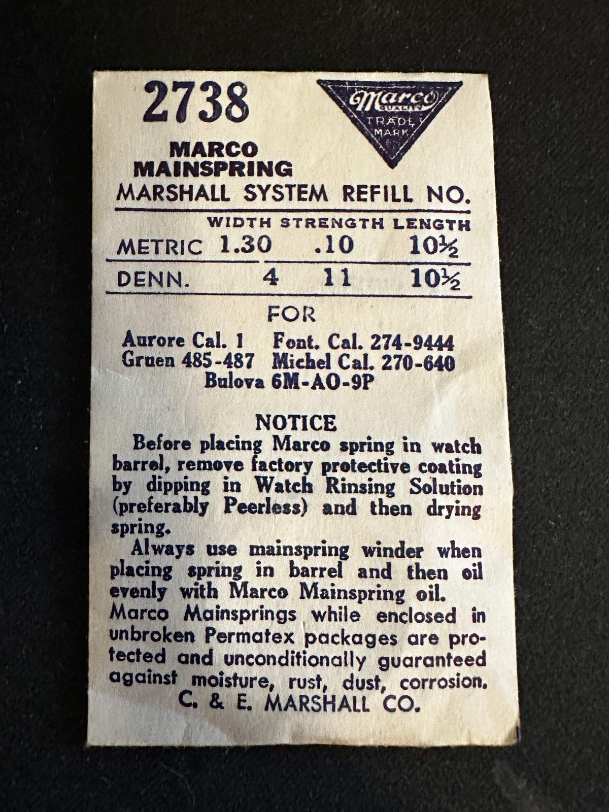 Marco Mainspring #2738 for A. Michel 270, 640, Font 274, 9444, Gruen 485, 487 –