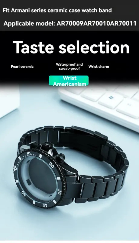 Ceramic Shell Watch Strap for Armani AR70009 AR70010 Three Eye Black Case Fitted
