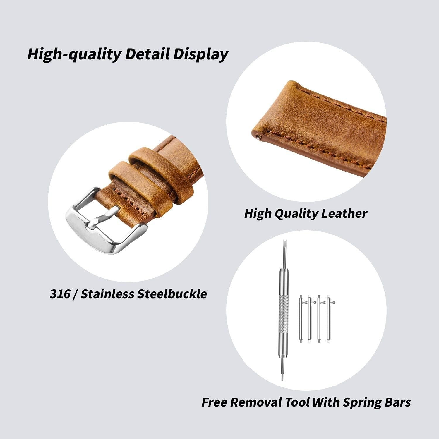 Leather Watch Strap [20mm lug] Genuine Replacement Band St Steel Clasp Brown, UK