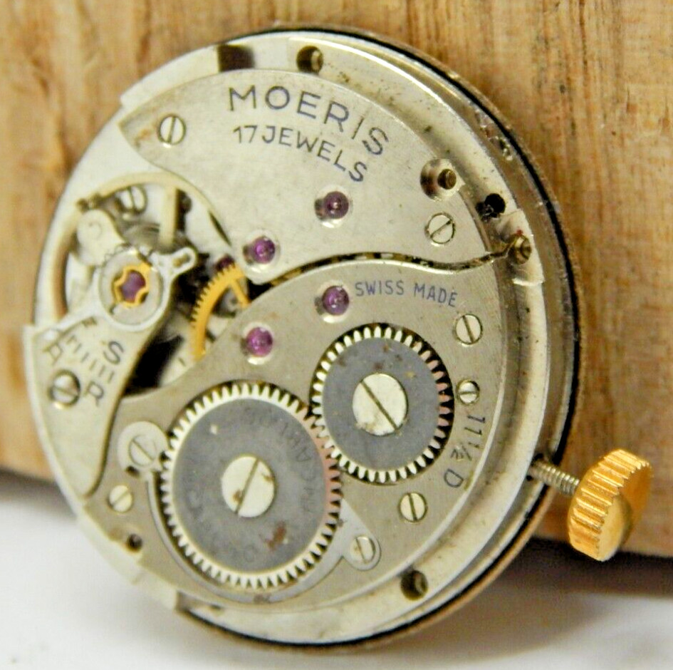 Vintage Moeris 11 1/2D 17 jewel men’s wrist watch movement with dial and hands