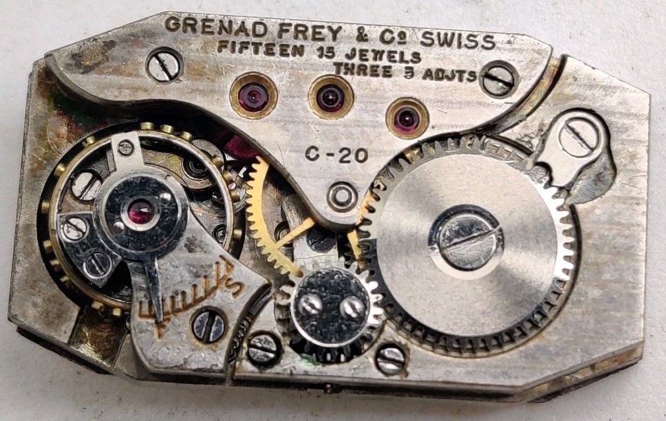 Vintage Grenad Frey C-20 High Grade 15 jewel watch movement Runs For Repair