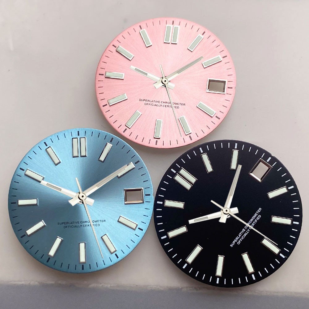 29mm NH35 Sunburst Watch Dial With Silver Baton Indexes Pink/Black/Ice blue Dial