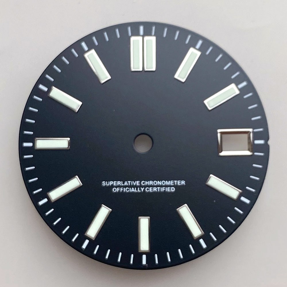 29mm NH35 Watch Dial Black/Pink/Blue Sunburst Face Luminous Baton Markers Date