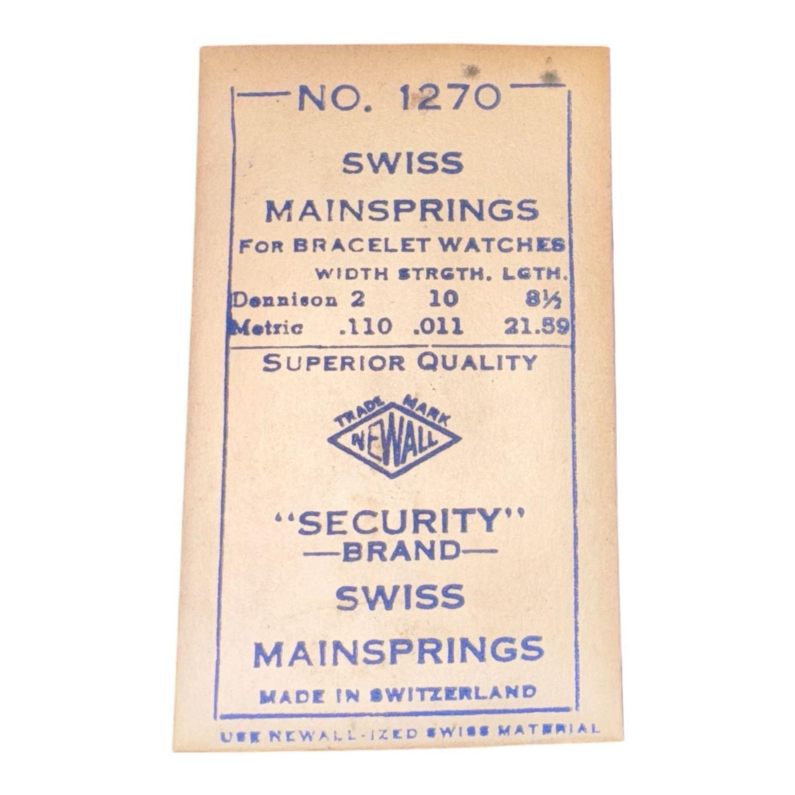 Newall Security Brand Swiss Mainspring Watch Part No. 1270 New Old Stock