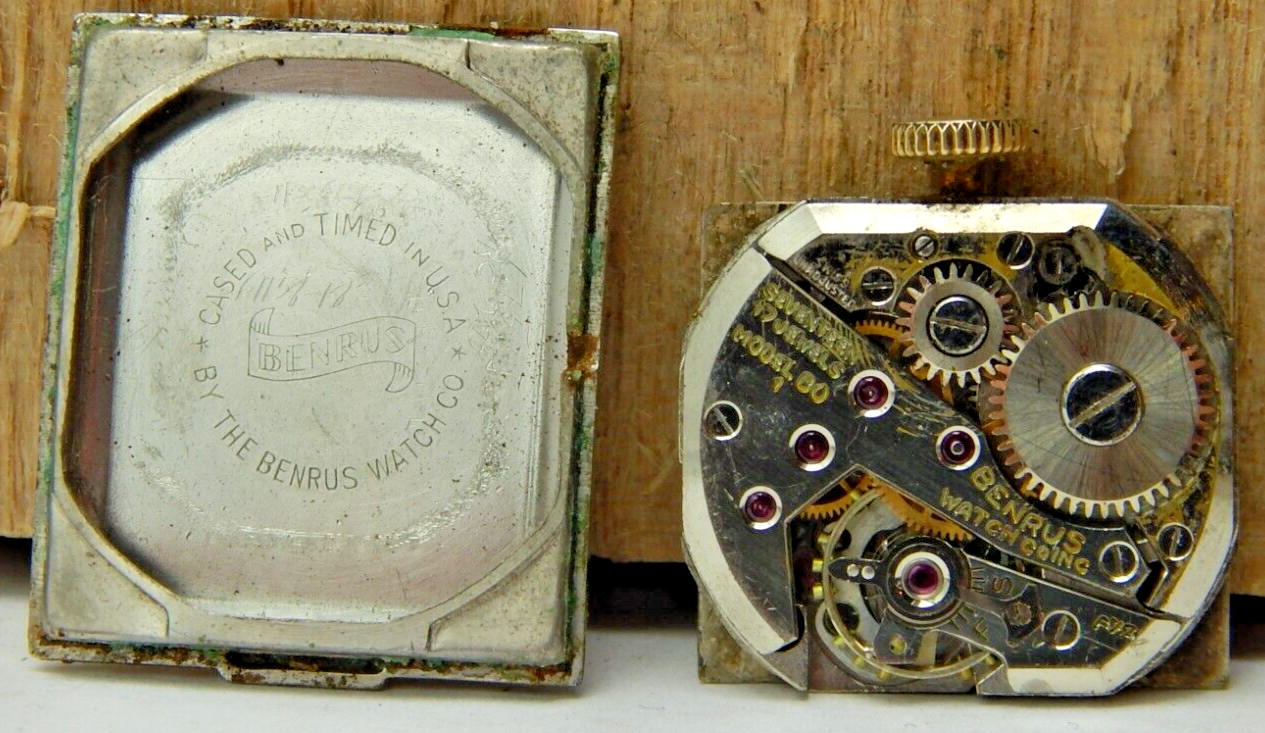 Vintage Benrus B01 17 jewel wrist watch movement with dial crown and case back